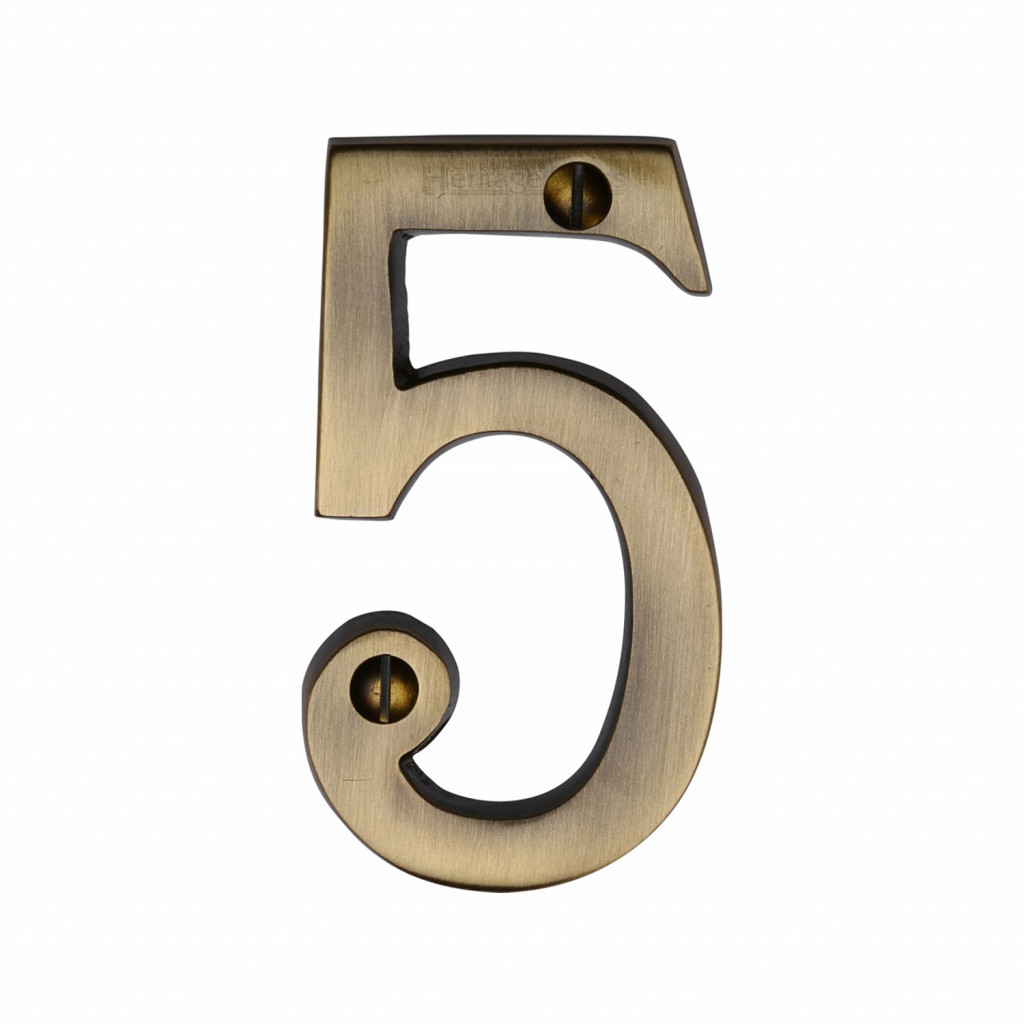 Heritage Brass Numeral 5 -  Face Fix 76mm – Traditional font
